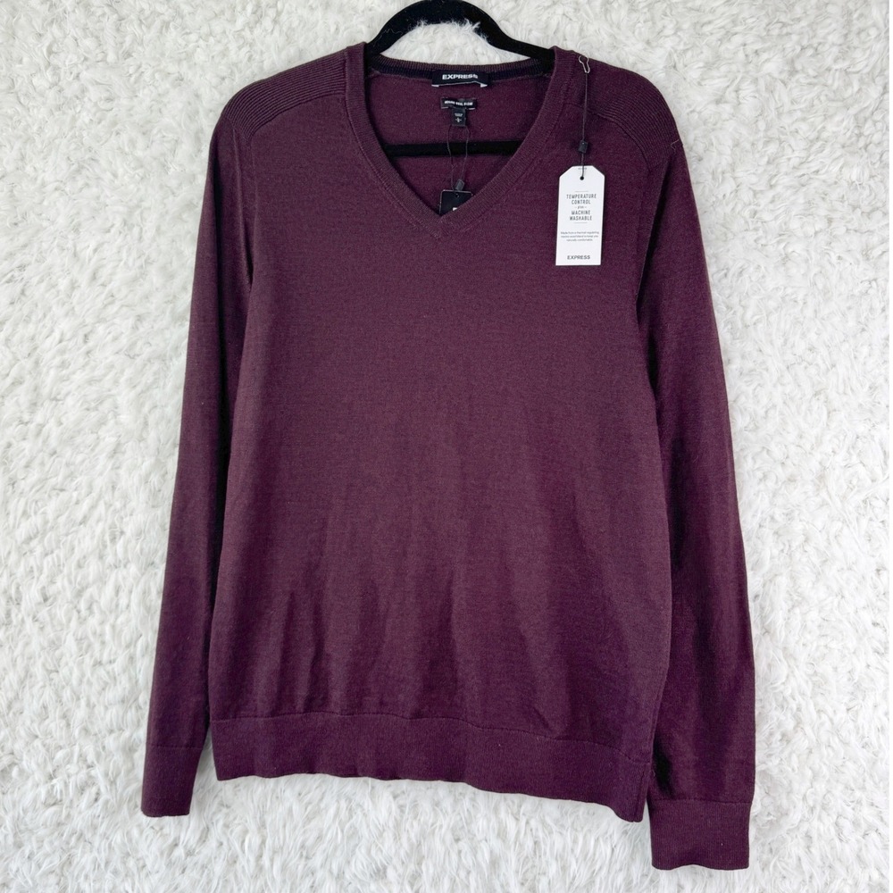 EXPRESS‎ Mens V Neck Sweater Burgundy Merino Wool Blend Washable Size L New